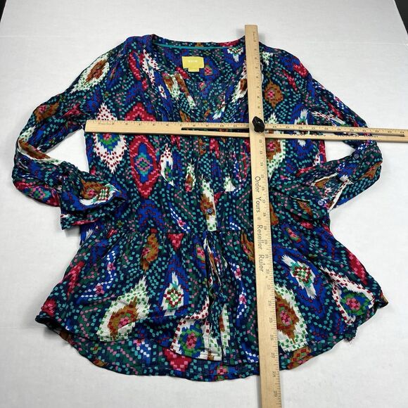 Maeve Anthropologie Topoxte Ikat Tunic Peplum 3/4 Sleeve Boho Vibrant Top 6 FLAW - Picture 5 of 12